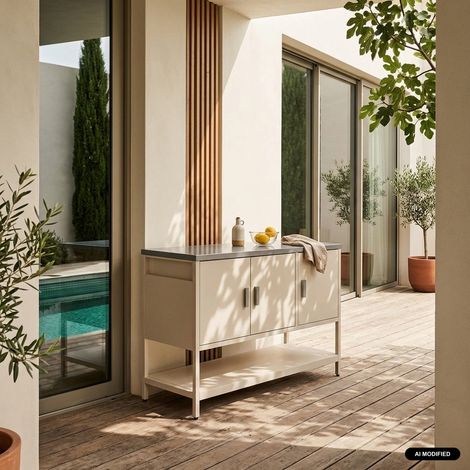 Cuisine d'extérieure en acier beige 3 portes.1 étagère L120cm