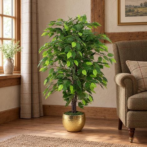 90cm Artificial Ficus Tree Gold Planter Premium (1/5)
