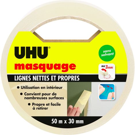 Ruban de masquage 30m x 50mm – Formulé sans solvant – Pour toutes surfaces intérieures – Application facile et précise – UHU
