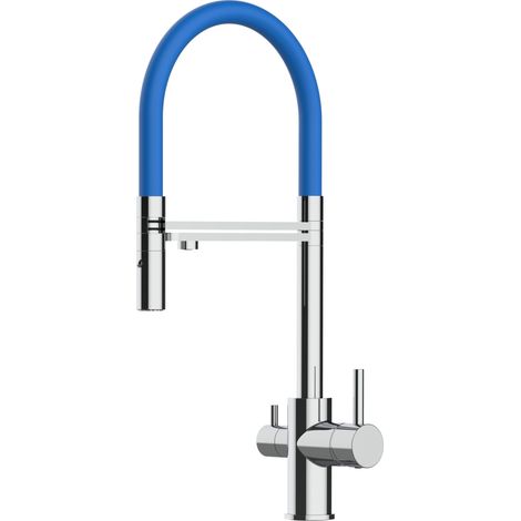 Rubinetto 3 vie miscelatore cucina cromato con canale separato per acqua filtrata, canna blu movibile e doccia due getti staccabile (1/5)