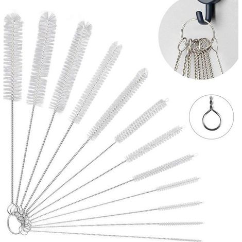 Lot de 12 brosses de nettoyage en nylon. Pour biberon, bouteille, bouilloire, tube et clavier. Couleur blanc. (1/5)