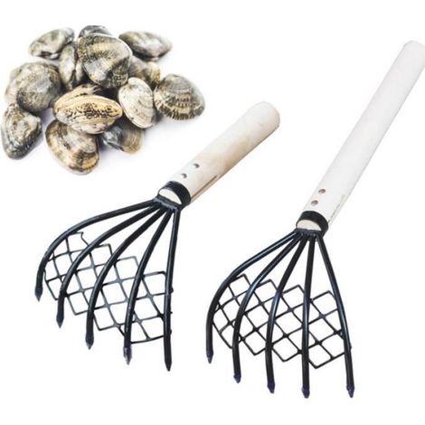 Lot De 2 Râteau à Palourdes en Acier avec Manche en Bois Pochette en Maille Outil de Pêche Pour Creuser Les Coquillages de Mer (1/4)