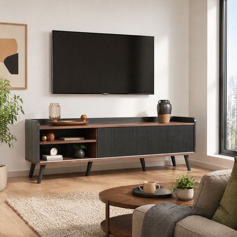 Mobile TV 160x40x58 cm in pannelli di legno nero, con vano contenitore FloraGrace (1/5)