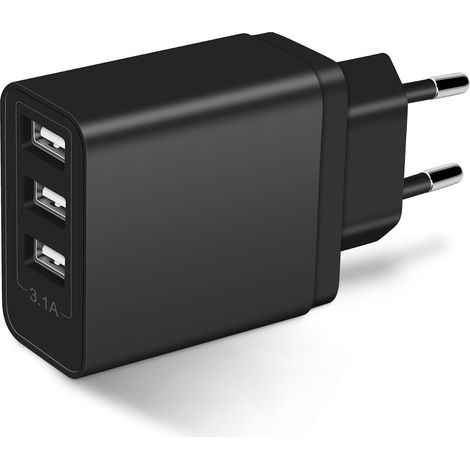 Chargeur USB Multiple, Embout Prise USB-A 15.5W, 3-Port Adaptateur Secteur 5V3,1A/2A/1A Universel Mural Bloc Chargeur Compatible avec Téléphones Portables Tablettes (Noir) (1/5)
