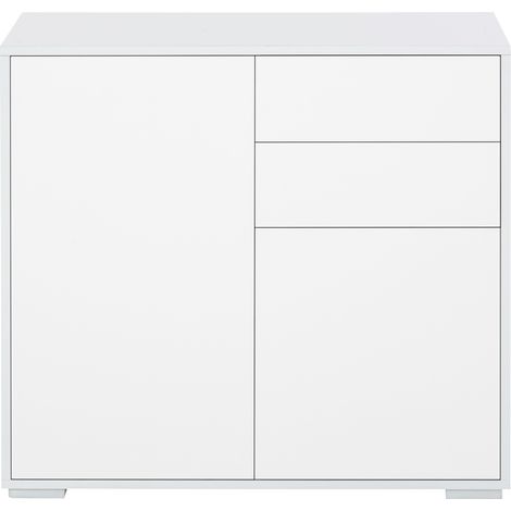 Meuble à 2 tiroirs et 2 portes, ouverture par simple pression, pour la maison et le bureau, 79 x 36 x 74 cm, blanc mat