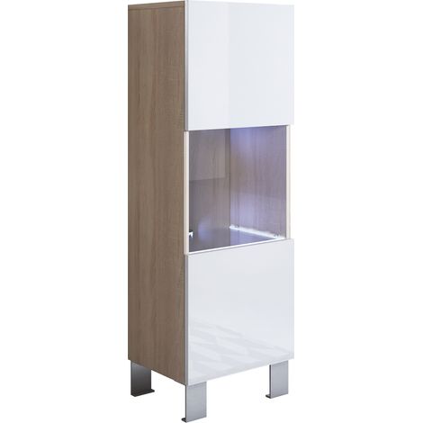 Vitrina con Patas 12cm  Armario  Mueble de Salón  Vitrina de pared  LED  1 puerta  40x138x29cm  Modelo Luke V3  Sonoma mate y Blanco brillo
