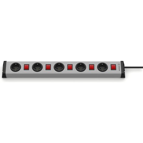 Multiprise avec interrupteur, 5 prises grises, noir, contact de protection, 1 pièce. (1/5)
