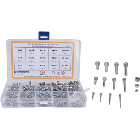 Kit de 520 Pièces Boulonnerie Inox 304, Vis Hexagonales et Écrous M2 M3 M4 avec Coffret de Rangement