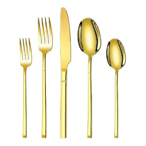 Ensemble de couverts 5 pièces plaqué or, couteau, fourchette et cuillère, acier inoxydable 304 – (1/5)