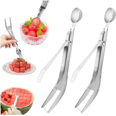 Ce coupe-pastèque 3-en-1 en acier inoxydable est facile à utiliser et à nettoyer. Idéal pour les fêtes, il permet de couper la pastèque en carrés ou de servir directement avec une cuillère. Un indispe (1/4)