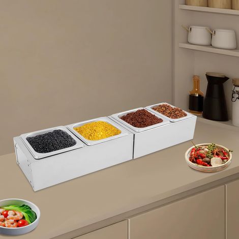 Set von 4 Gewürzen, Zutaten Behälter, Edelstahl mit Abdeckung, Zucker, Salz, Soße, Essig zu speichern, für das Essen, Küche, Buffet, Salat, 66,2  18  10,5 cm