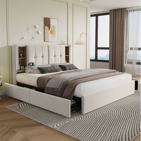 Cama doble 160x200 con carga inalámbrica y cajones beige OKMYHOME (1/5)