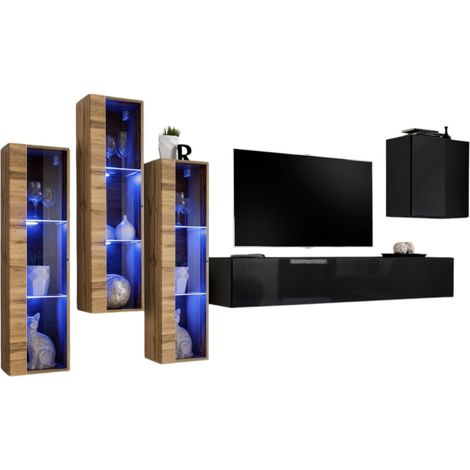 Composizione murale SWITCH XIII - Mobile TV, vetrine LED e cubo - Nero e quercia Wotan - Design moderno