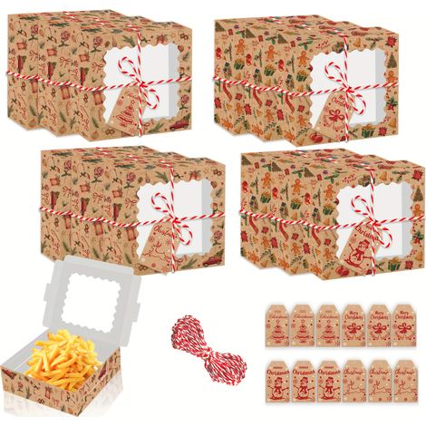 Boîtes-cadeaux de Noël avec fenêtre transparente - 12 pièces, motifs bonhomme de neige, pain d'épice et chaussettes - Boîtes en papier kraft pour bonb (1/5)