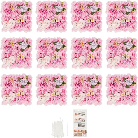 Lot de 12 panneaux muraux de fleurs artificielles, mur de fleurs en soie, fond décoratif pour mariage, fête et événement - 38x38 cm (1/5)