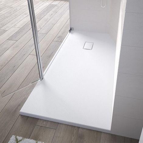 Receveur Kinesurf découpable 100x100 blanc aspect pierre avec cache-bonde assorti et bonde extra-plate
