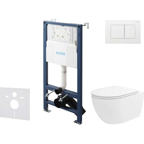 kielle Genesis New - Conjunto de instalación empotrada, inodoro Oudee, Vortex Rimless+, asiento softclose y pulsador Gemini New III, blanco brillante 30528SS34