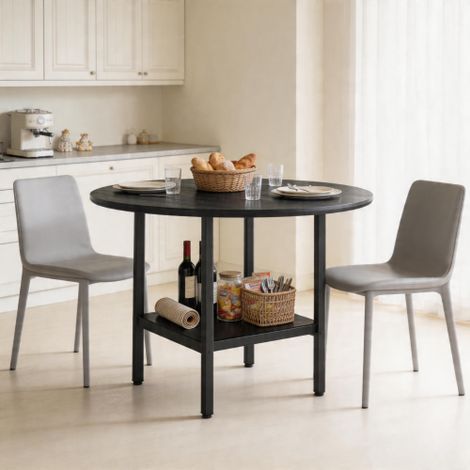 Moderner runder Esstisch mit Stauraumregal, schwarze Holzmaserung und schwarzer Metallrahmen, passend für 4–6 Personen Essgruppe, ideal für Küche, Esszimmer und kleine Räume