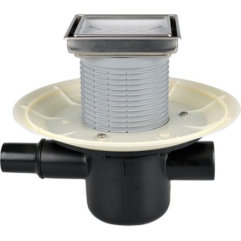 Siphon de sol DN50 horizontal avec entrée DN40/50 et support inclinable 132x132mm / 112x112mm