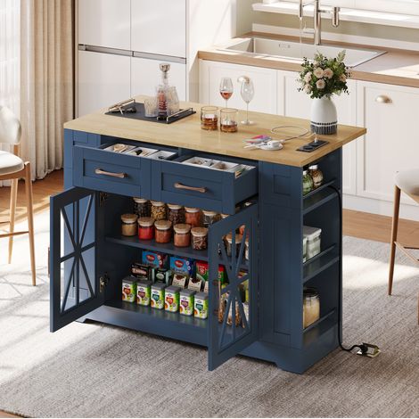 Isla de cocina plegable de 120 cm con enchufes AC/USB y ruedas con freno DESVIAE (1/5)