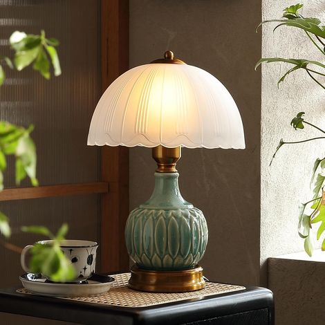 Lámpara de mesa retro para salón, lámpara de mesa moderna de cerámica de 40 cm para dormitorio, lámpara de noche de cristal con forma retro (1/5)