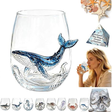 Verrerie artisanale pieuvre à anneaux bleus verre à vin 3D sans pied pieuvre verre de bar original baleine (1/5)