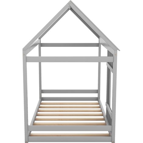 Cama infantil casita 90 x 200 cm gris de pino y MDF con techo y ventana (1/5)