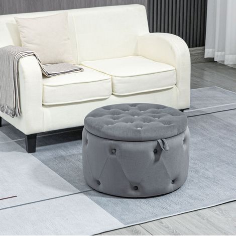 Pouf de rangement rond Ø 60 x 40 cm, aspect velours gris HAVRYA (1/5)