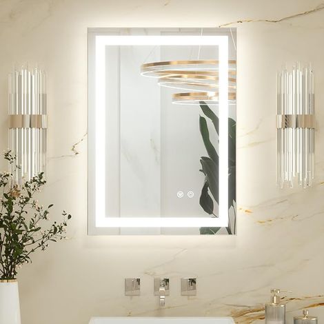 Keonjinn LED Bathroom Mirror 50 x 70 cm – Illuminated Anti-Fog Mirror with Front and Rear Lighting – 3 Colours Adjustable – Rectangular Wall Mirror for Horizontal or Vertical Installation (1/5)