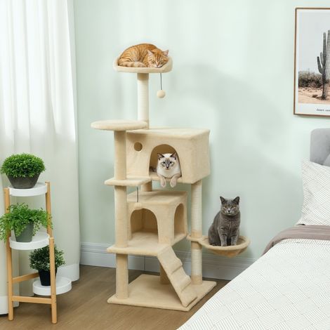 Arbre à chat beige 140 cm avec cachette, hamac, échelle, 2 balles en peluche et poteaux sisal, 48 x 48 x 140 cm