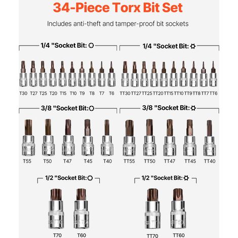 Jeu de Douilles Torx 34PCs - Étoile Solide et Inviolable T6-T70 (1/5)