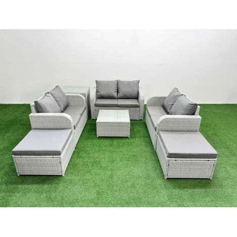 Fimous 8 Seater PE Wicker Rattan Furniture Sofa Sets with Square Coffee Table 2 Seater Love Sofa 2 Big Footstool Side Table Light Grey (1/4)