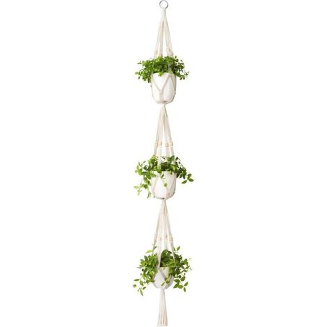Suspension pour plantes en macramé à 3 niveaux pour intérieur et extérieur, panier à plantes suspendu en corde de coton avec perles, 177 cm Support et plateau pour jardinière (1/4)