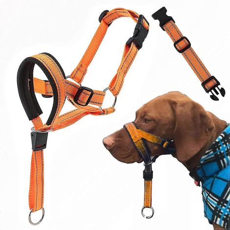 Hunde-Kopfgeschirr mit Sicherheitsgurt, Kopfhalfter mit Reflektorstreifen, verstellbares Anti-Zug-Trainingsgeschirr – Größe M – Orange