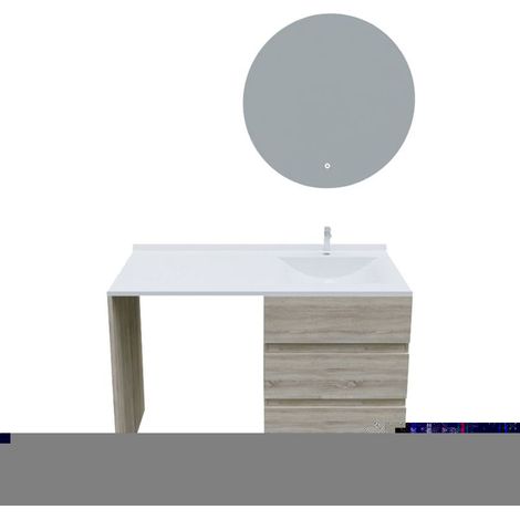 Meuble lave-linge KORA avec plan vasque déportée + Miroir rond Fazzio- Bois- Vasque à droite