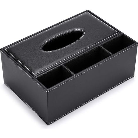 Rechteckige Taschentuchbox aus PU-Leder (schwarz) mit 3-Fächer-Schreibtischorganizer für Fernbedienung (1/5)