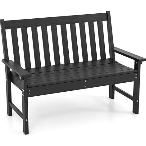Pour aménager votre extérieur, banc extérieur noir en HDPE avec dossier incliné et accoudoirs confortables (1/5)