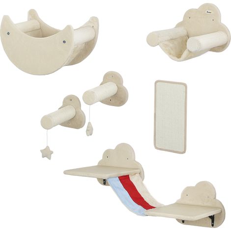 Jeu d'Escalade Mur Gato 6 Pièces Hamac Plateforme Tableau Griffoir Échelle Étoile Beige (1/5)