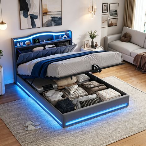 JOOKGBD-Polsterbett 160x200cm,Doppelbett mit hydraulischem Bettkasten,LED-Kopfteil mit USB-Ladestation und Staufach,Lattenrost inklusive,für Jugendliche und Erwachsene,Samt,grau