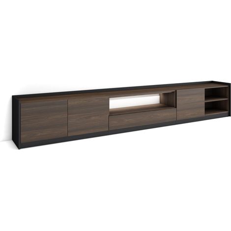 Skraut Home - Mueble TV, Televisión, Muebles de salón, almacenaje, 310x37x50cm, Para TV hasta 80", LED, Estilo Moderno, Roble oscuro y Negro (1/5)