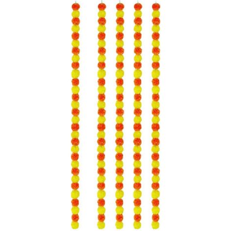 Guirlande de 5 œillets d'Inde pour décoration, fleurs artificielles de 1,5 m (5 pieds) orange et jaunes, idéale pour Diwali (1/5)