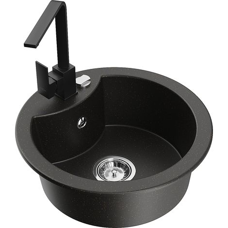 Mexen Diego Granit-Spüle 1-Becken mit Küchenarmatur Rita, schwarz/gold metallic - 6512-75-670300-70 (1/5)