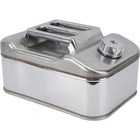 10-liter (2.6-gallon) silver stainless steel gasoline can, ideal for cars, lawnmowers, and chainsaws. (1/5)