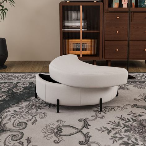 Tabouret rangement demi-lune – Chenille beige – Plateau – Siège rembourré – Repose-pieds – Salon/Entrée/Couloir (1/5)