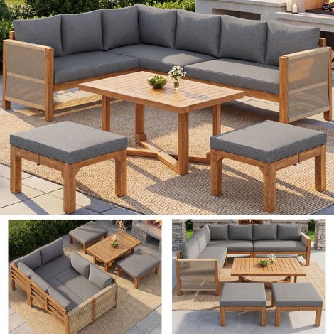 Salon de jardin modulaire en bois d’acacia : canapé d’angle 6 places avec coussins, 2 tabourets + table acacia, respirant et hydrofuge, pour terrasse et jardin (1/5)