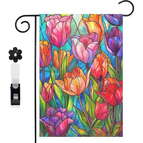 Drapeau de jardin tulipes multicolores et vitrail 30 x 45 cm décoration extérieure jardin (1/5)