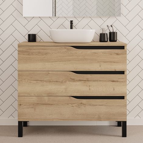 Meuble de salle de bain 100cm avec plateau et vasque à poser zeus - 3 tiroirs - sans miroir - madera miel (chêne clair) - MATA (1/4)