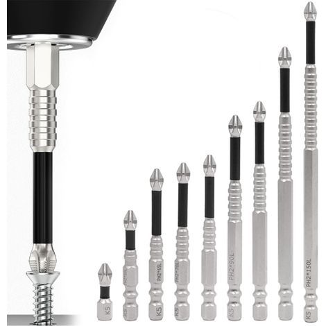 Set of 9 powerful magnetic drill bits, universal anti-slip bits from 25 to 150 mm for electric/manual screwdrivers, strong and durable magnetic bits for secure attachment. (1/4)