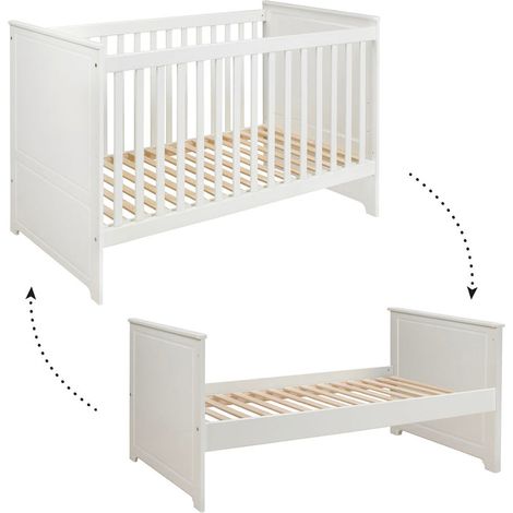 Lit évolutif bébé 70x140 – Panneaux MDF et stratifiés – Sommier réglable en 3 hauteurs – 2 barreaux amovibles – Fabrication européenne (1/4)