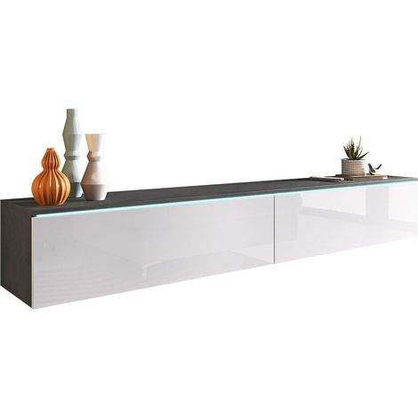 Mueble TV Scientia I, Madera gris + Blanco brillante, Número de puertas: 2, Número de cajones: 0, 180x30x33cm, LED